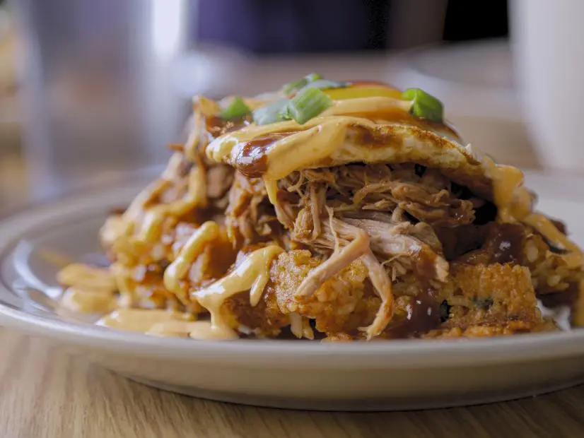 Bulgogi Waffle as prepared by Chef Adam Gold of Funk N Waffles in Syracuse, New York, as seen on Triple D Nation, season 7.