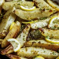 Close-up of Greek Lemon Potatoes, as seen on Be My Guest with Ina Garten, Season 7