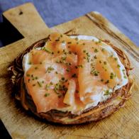 Close-up of Potato Galette with Smoked Salmon, as seen on Be My Guest with Ina Garten, Season 7