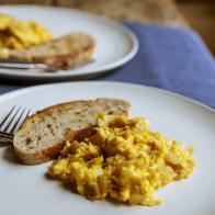 Close-up of Scrambled Eggs with Caramelized Onions, as seen on Be My Guest with Ina Garten, Season 7
