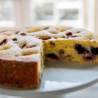 Close-up of Tri-berry Ricotta Breakfast Cake, as seen on Be My Guest with Ina Garten, Season 7