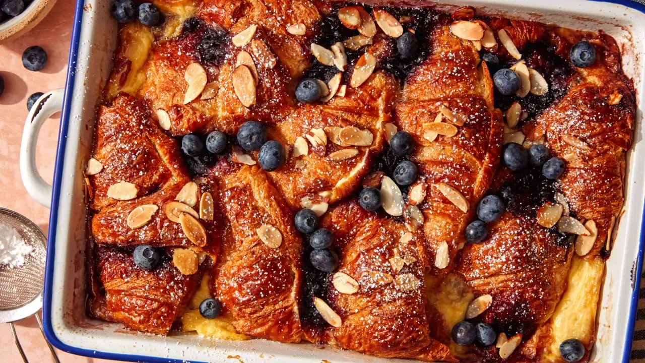 Blueberry-Almond Croissant French Toast Casserole
