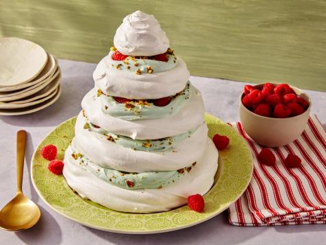 Christmas Tree Pavlova with Pistachio Cream and Raspberries