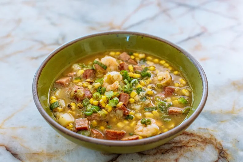 Close-up Slow Cooker Shrimp, Sausage and Corn Chowder, as seen on The Pioneer Woman, Season 39