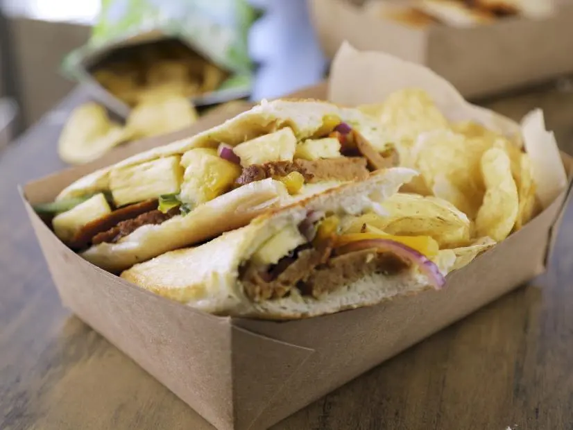 Huli Huli Sandwich as prepared by Chef/Owner Kale Walch at Herbivorous Butcher in Minneapolis, Minnesota, as seen on Triple D Nation, season 7.