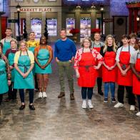 Host Jesse Palmer, Contestants on Team Nice, Chase Maus, Camrey Smith, Alyx Abreu, Jean Carlos Araujo, Violet Zoner and Erin Luttrell with Contestants on Team Naughty, Charles Zimmerman, Nico Alkalay, Tarek Husseini, Jeanna Barnes, Ashleigh Wright and Daniel Gray, portrait, as seen on Holiday Baking Championship, Season 12.