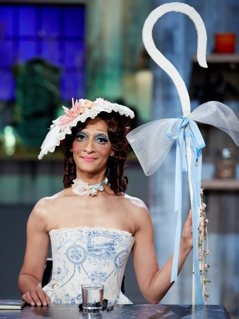 Judge Carla Hall, dressed up as Little Bo Peep for the main heat judging, as seen on Food Network's Halloween Baking Championship, Season 2.