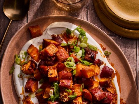 Miso-Maple Sweet Potatoes with Labneh and Chile Crisp