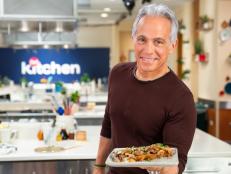 Geoffrey Zakarian with the featured dish Warm Wild Mushrooms, as seen on Food Network Kitchen Live.