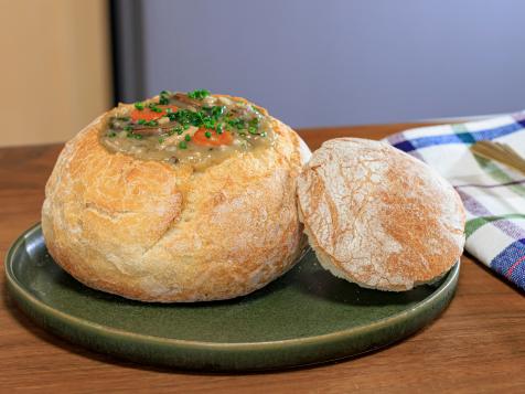 Turkey and Wild Rice Soup in a Bread Bowl