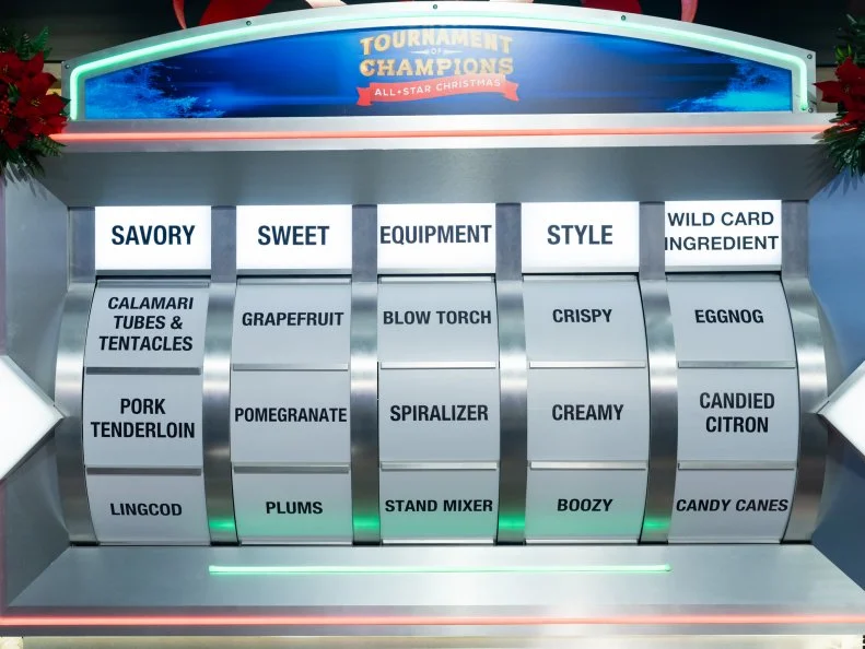 The Randomizer ingredients, equipment and style for first round between contestants Michael Voltaggio and Bryan Voltaggio, and Sara Bradley and Damaris Phillips are, Pork Tenderloin, Pomegranate, Spiralizer, Creamy, and Candied Citron, as seen on Tournament of Champions Holiday, Season 1.