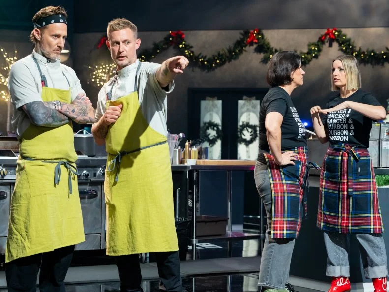 Contestants Michael Voltaggio and Bryan Voltaggio, and Sara Bradley and Damaris Phillips, as seen on Tournament of Champions Holiday, Season 1.