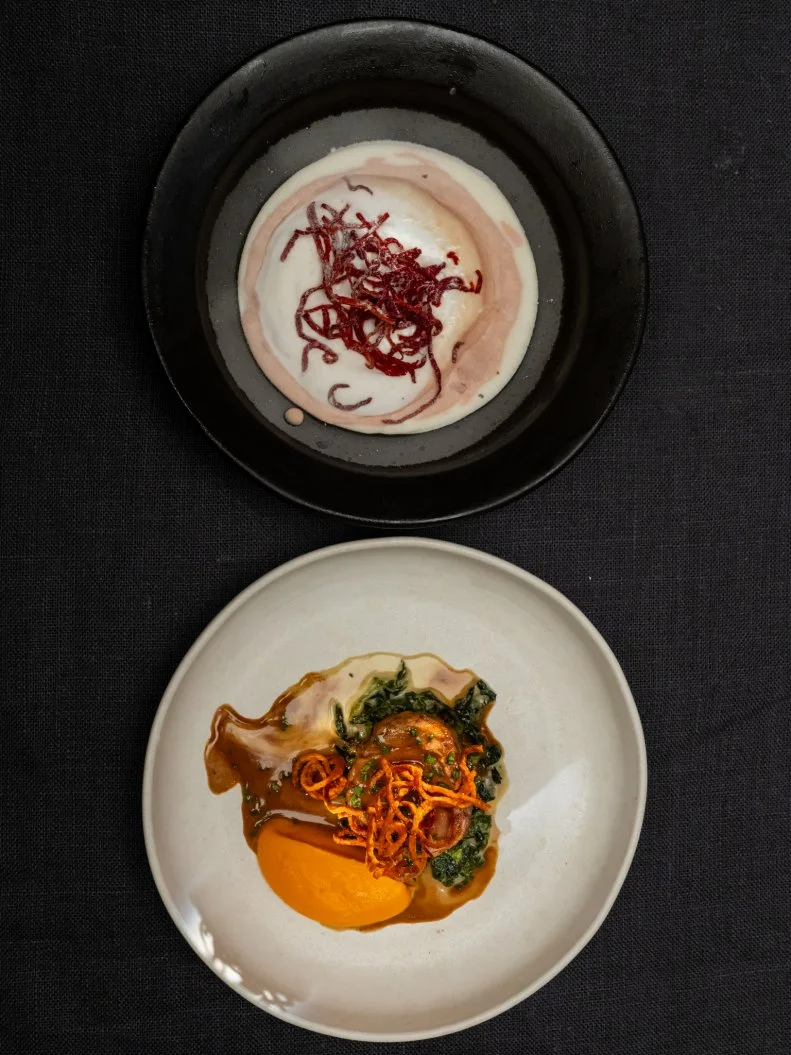Contestants Michael Voltaggio and Bryan Voltaggio’s dishes are Mustard Pork, candied citron jus, collard greens with candied citron, sweet potato puree, spiralized sweet potato, and Pomegranate juice and seed citrus curd, candied citron coconut cream, spiralized beets, as seen on Tournament of Champions Holiday, Season 1.