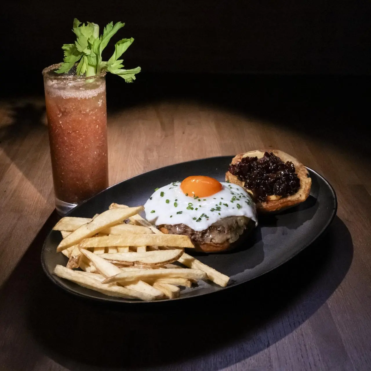 Brunch Burgers with Crunchy Bacon-Onion Jam, Skin-On French Fries