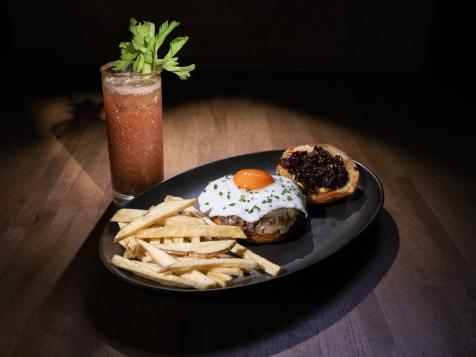 Brunch Burgers with Crunchy Bacon-Onion Jam, Skin-On French Fries and Sparkling Bloody Marys