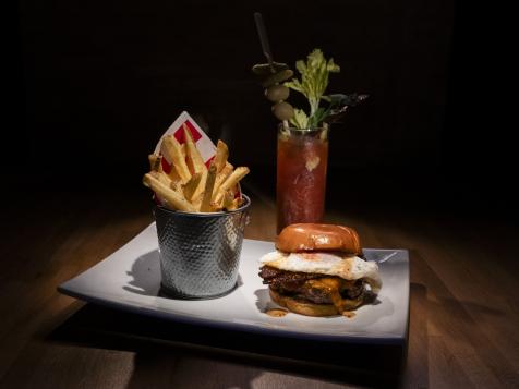Morning-After Brunch Burgers with Maple Mayo, French Fries and Candied Bacon Bloody Marys