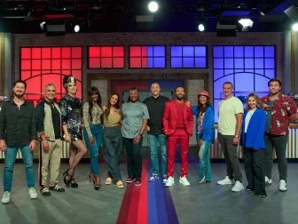 Celebrity contestants Val Chmerkovskiy, Reza Farahan, Manila Luzon, Amara La Negra, Lisa Barlow, Romeo Miller, Julie Brown, Ryan Lochte, Beverley Mitchell and CT Tamburello line up with hosts Jeff Mauro and Tiffany Derry, as seen on Worst Cooks in America, Season 30.