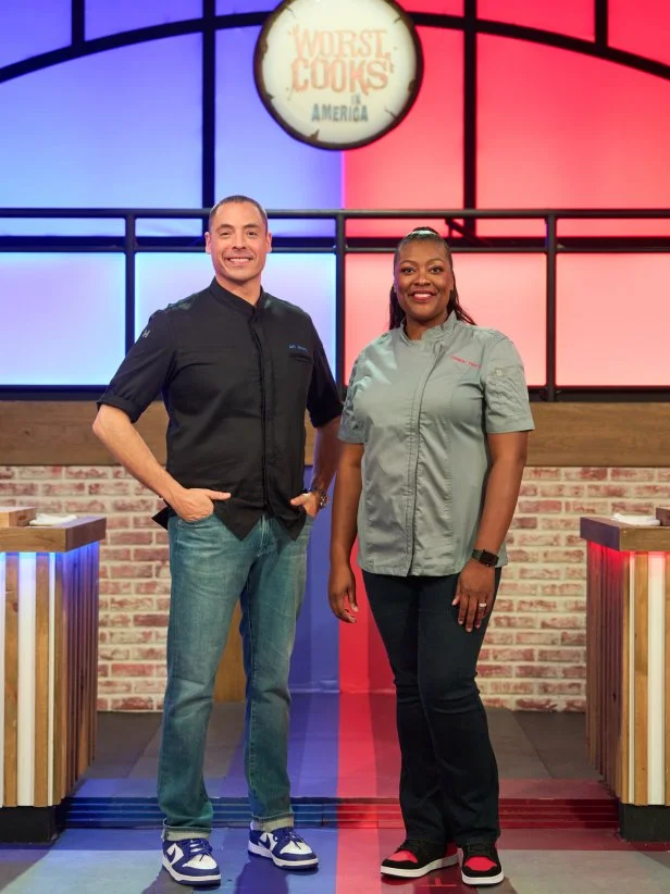 Hosts Jeff Mauro and Tiffany Derry, as seen on Worst Cooks in America, Season 30.