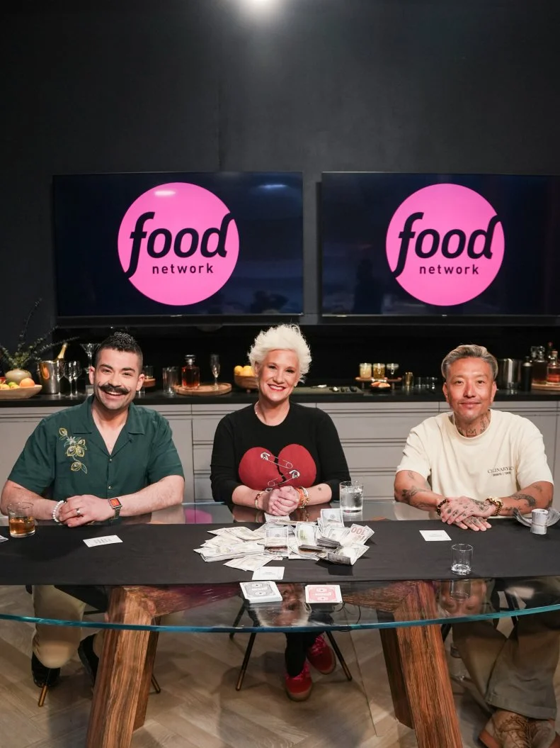Chefs Joe Sasto, Anne Burrell, Chris Oh portrait at the table (L to R) , as seen on the Food Network's Guy's Grocery Games.