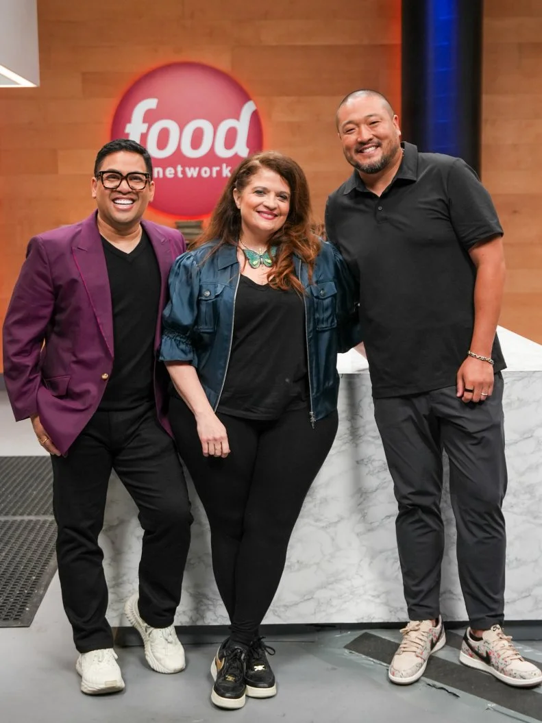 Chefs Arnold Myint, Alex Guarnaschelli, Kevin Lee portrait (L to R) , as seen on the Food Network's WIld Card Kitchen Cycle 3