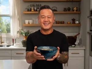 Jet Tila holding Wonton Soup dish, as seen on Ready Jet Cook, Season 5.