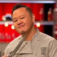 Chef Jet Tila threatens with a knife , as seen on Food Network's Cutthroat Kitchen, Season 3.