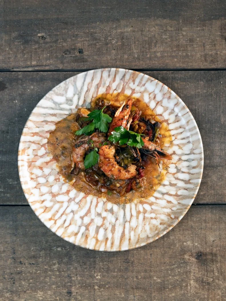 Jean-Paul Bourgeois' Gauntlet Dish: Oyster Sauce Marinated BBQ Shrimp, Smothered Okra and Tomato, with a roasted,shrimp and mangosteen lemon butter Sauce, as seen on Chopped Castaways: Season 1