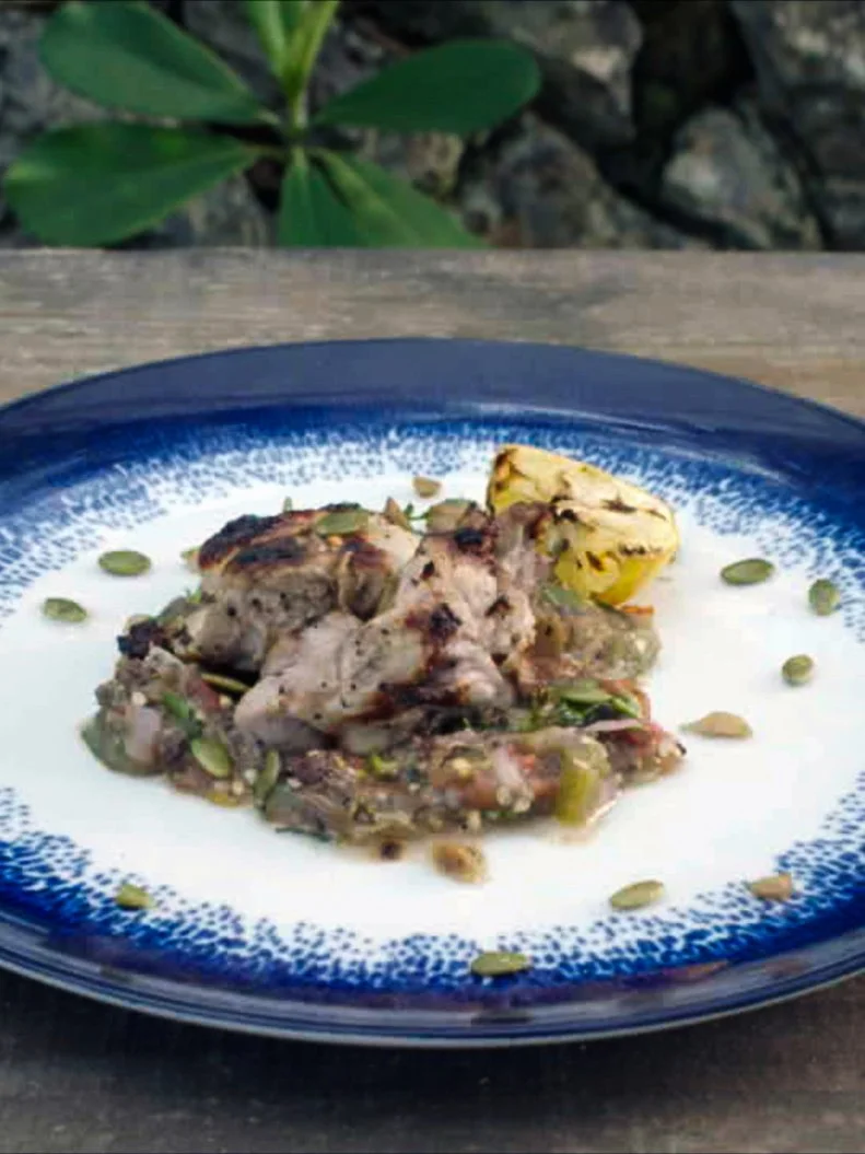 Chef Ara Zada Round 1 Dish: Blood Sausage Khorvats Salad with Guava Guinea Hen and a Spiced Breadfruit and Pepita Crunch, as seen on Chopped Castaways: Season 1