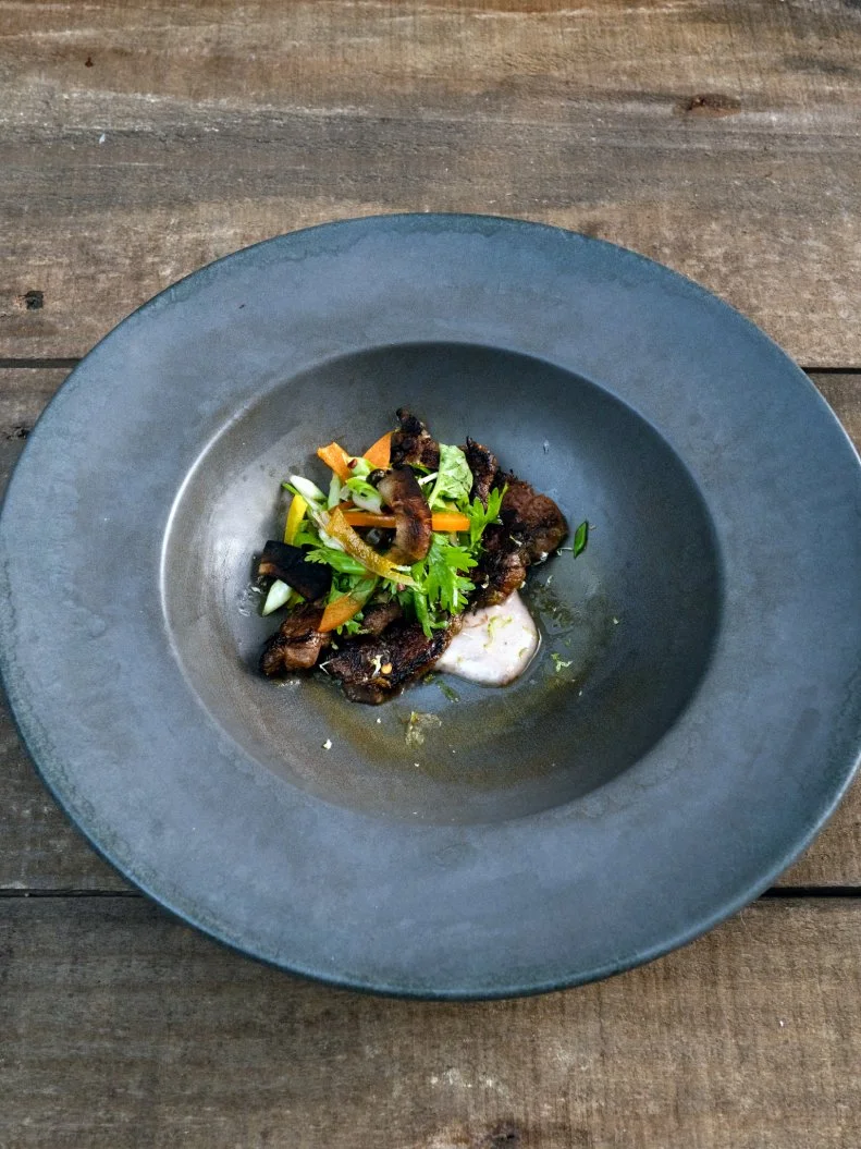 Hannah Flora Gauntlet Dish: Grilled Shrimp with a Root Veg and Okra Hash, as seen on Chopped Castaways: Season 1
