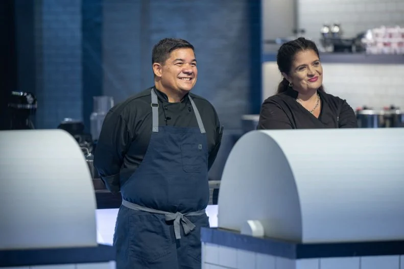 Contestant Adalberto Diaz, and Chef Alex Guarnaschelli during round 1 elimination, as seen on Alex vs America, Season 4.