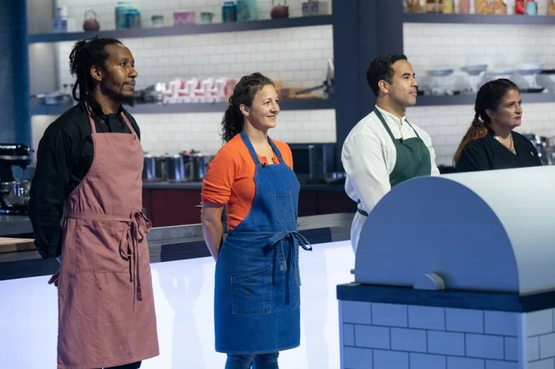 Contestants Rande Rogers, Melanie Shurka, Fernando Scarpati and Chef Alex Guarnaschelli, as seen on Alex vs America, Season 4.