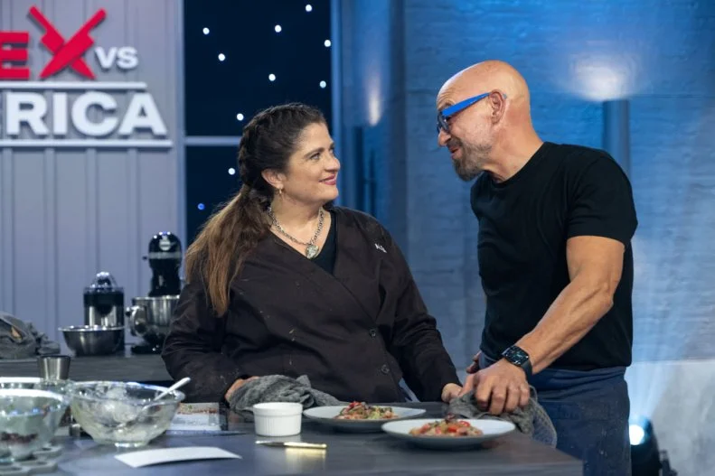 Chef Alex Guarnaschelli and Michael Symon after round 1, as seen on Alex vs America, Season 4.