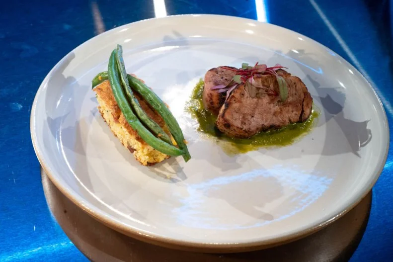 Contestant Rob Nelson's round 1 dish, Grilled Pork Tenderloin with cornbread, spicy green beans and spicy green sauce, as seen on Alex vs America, Season 2.