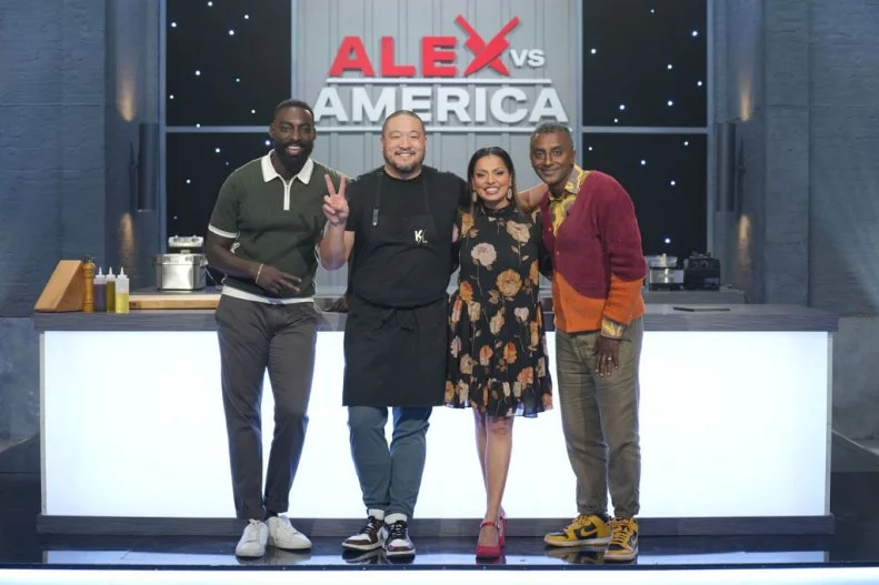Host Eric Adjepong, Chef Kevin Lee and Judges Maneet Chauhan and Marcus Samuelsson (L to R), as seen on Alex Vs. America, Season 5.