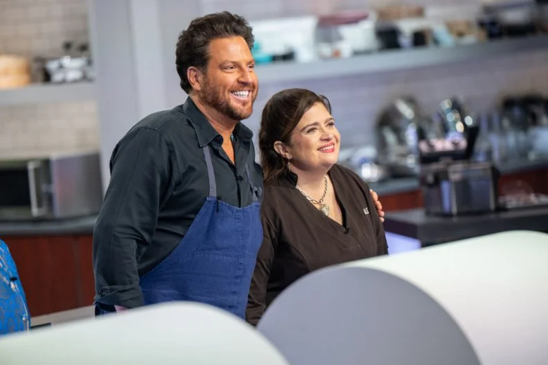Contestants Scott Conant and Chef Alex Guarnaschelli  during judging, as seen on Alex vs America, Season 5.