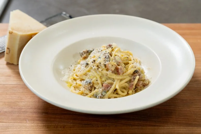 Host Gabe Bertaccini’s Spaghetti Carbonara, as seen on Cook Like an Italian with Gabe Bertaccini, Season 1.
