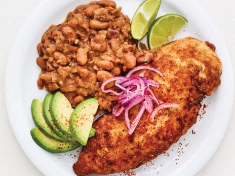 Cornmeal-Crusted Chicken Cutlets with Chipotle Refried Beans