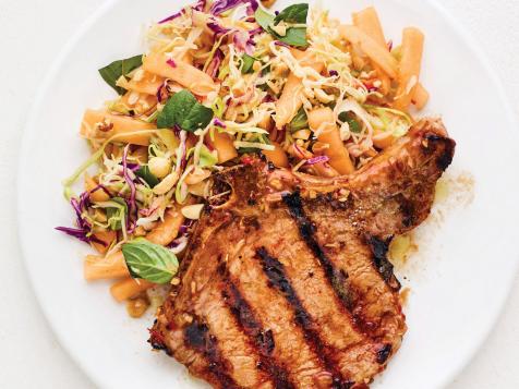 Grilled Lemongrass Pork Chops with Cantaloupe Slaw