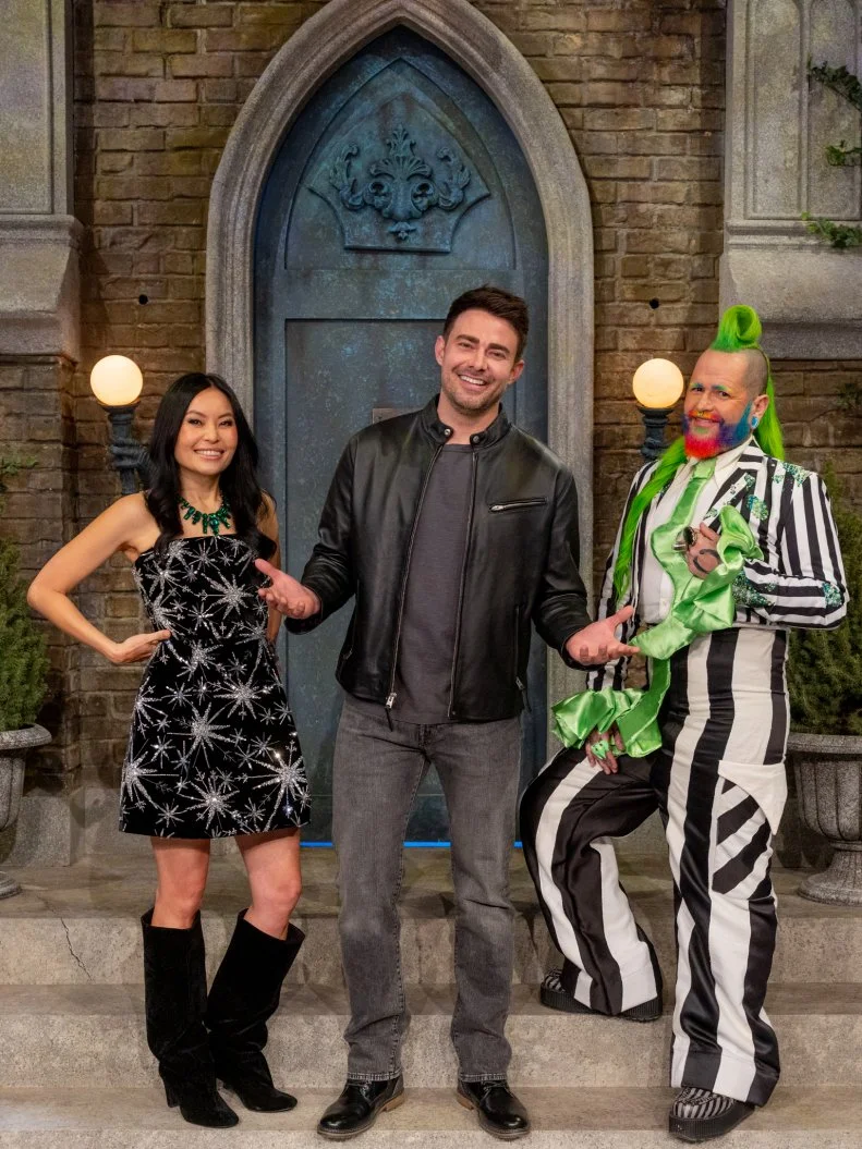Host Jonathan Bennett with judges Shinmin Li and Andrew Fuller as seen on Halloween Wars, Season 16.