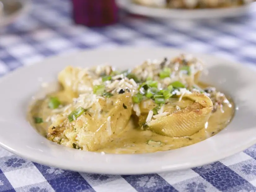 Seafood Stuffed Shells as prepared by Chef/Owner Michael Murrary at LA Pines in Slidell, Louisiana, as seen on Food Network's Triple D Nation, season 8.