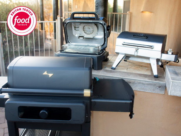 Current Backyard, GrillPro and Ninja electric grills arranged on an outdoor patio