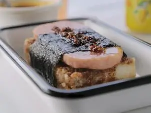 Crispy Rice Spam Musubi as prepared by Chef/Owner Jesse Mason at Mason's Creamery in Cleveland, Ohio, as seen on Food Network's Triple D Nation, season 8.