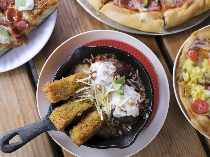 Fried Polenta with Meatballs as preapred by Chef/Owner Ryan Goldhammer at Noble Pie in Reno, Nevada, as seen on Food Network's Triple D Nation, season 8.
