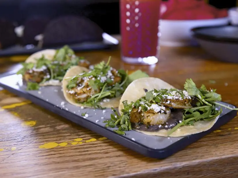 Chimi Shrimp Tacos as prepared by Chef/Owner Andres Velez at Pig Latin Cocina in Colorado Springs, Colorado, as seen on Food Network's Triple D Nation, season 8.
