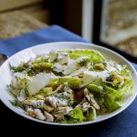 Close Up of Traybake Caesar Salad, as seen on Be My Guest with Ina Garten, Season 9