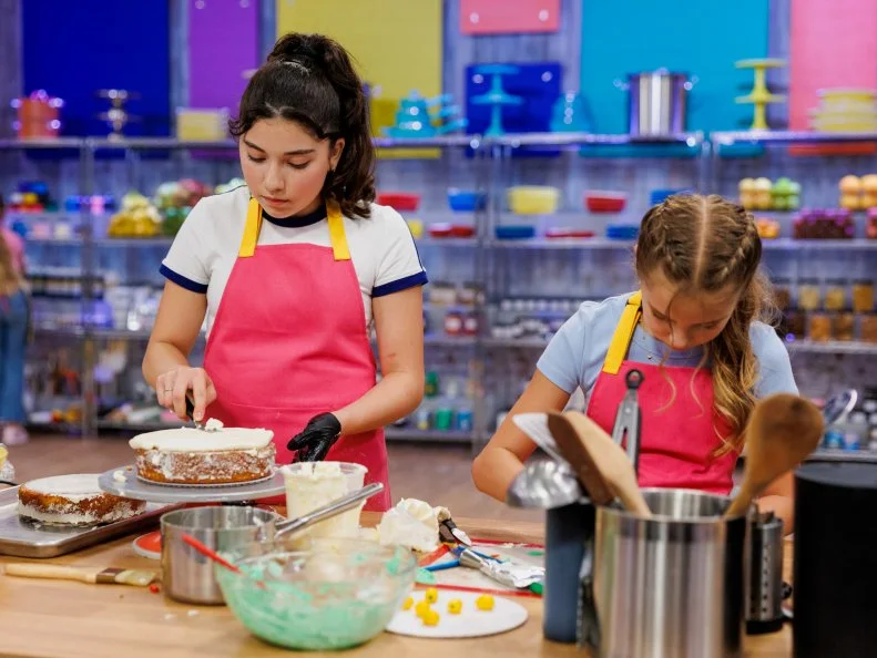 Contestants Leia and Kiera Sievert, baking process, as seen on Baking Championship: Next Gen, Season 1.