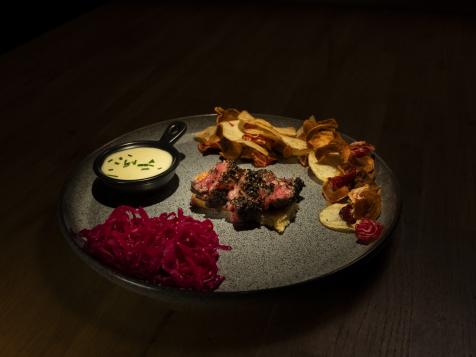Pastrami-Crusted Wagyu with Salt & Vinegar Root Chips and Pickled Red Cabbage