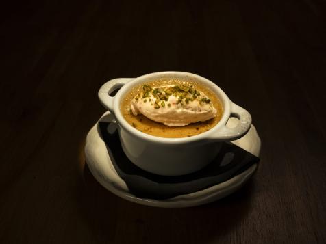 Spumoni Crème Brûlée with Chocolate Ganache, Pistachio Custard and Strawberry Whip