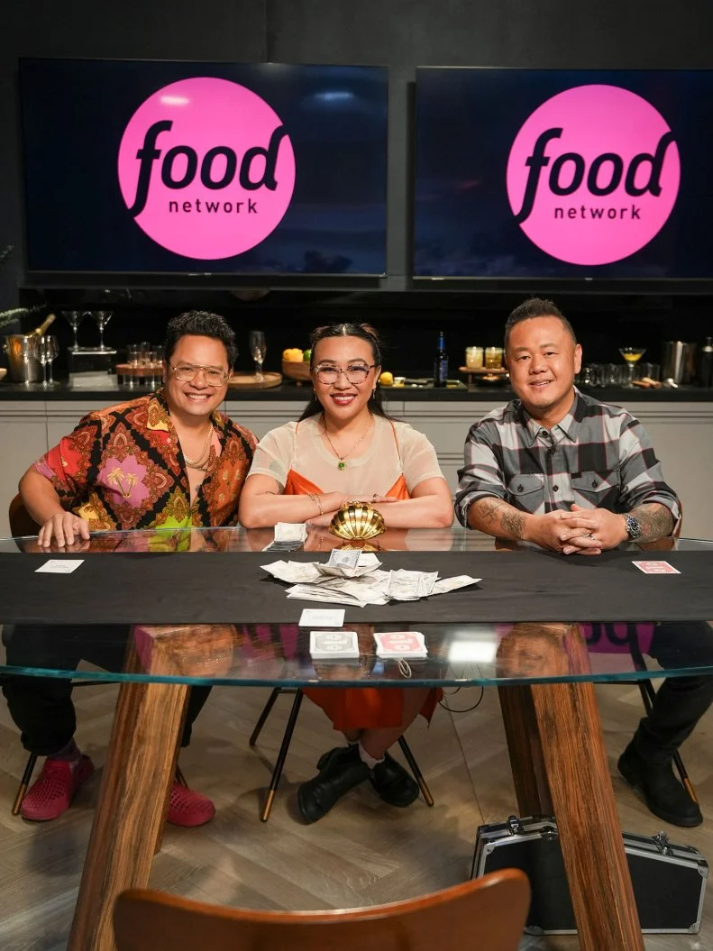 Chefs Dale Talde, Nini Nguyen, Jet Tila portrait at the table (L to R) , as seen on the Food Network's Wild Card Kitchen Season 3