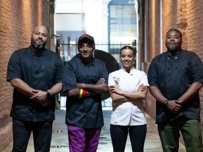 Chefs Fariyal Abdullahi, Marcus Samuelsson, Ed Brumfield and Greg Pena, as seen on The Line, Season 1